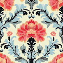 Floral pattern with red and blue accents on cream background