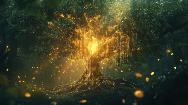 Golden tree glowing, forest background, fantasy, digital art, website banner