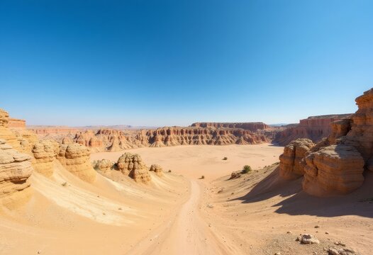Expansive arid landscape with rock formations under a clear sky