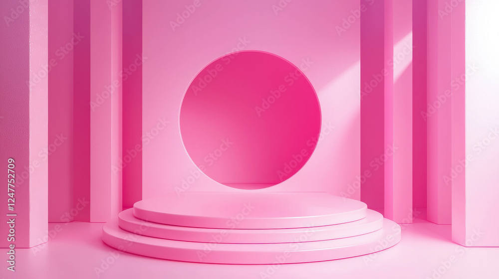Poster minimalist 3d rendered platform setup for product display with pink background and round cutout