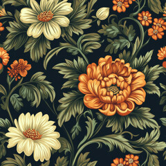 Seamless floral pattern with vibrant orange flowers