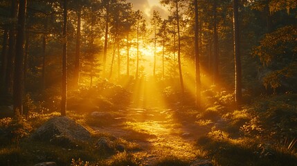 Fototapeta premium Golden Sunlight Path Through Pine Forest