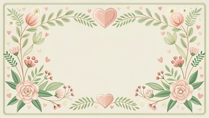 Elegant Floral Frame with Delicate Hearts and Pastel Blossoms, Perfect for Romantic Announcements or Invitations
