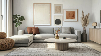 Modern Simple Living Room with Gray Sofa and Elegant Decor Elements
