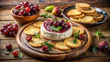 Baked wheel of cheese topped with sweet fruit preserves and served with crunchy crackers on rustic wooden board