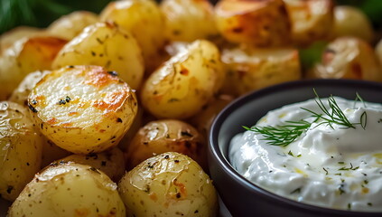 Baby potatoes. Fried potatoes with herbs, dill, spices and white sour cream-garlic sauce. Banner with copy space. Studio photo for advertising.