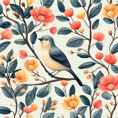 Bird perched on floral branch with vibrant blossoms