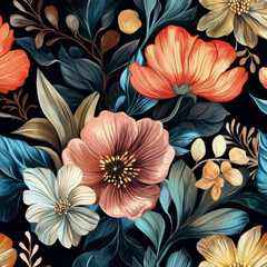 Vibrant floral pattern with colorful flowers and leaves