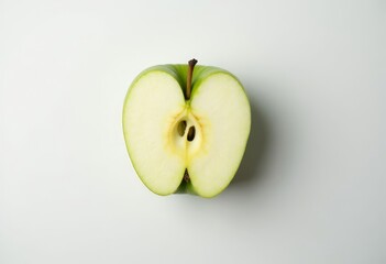 Halved Green Apple with Stem and Seeds on White