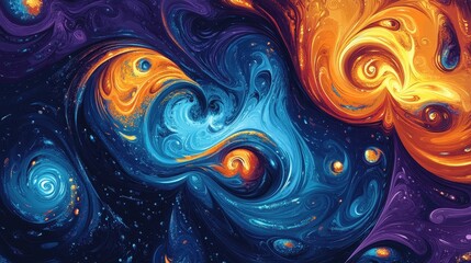 Abstract swirling cosmic nebula painting of blue and orange hues