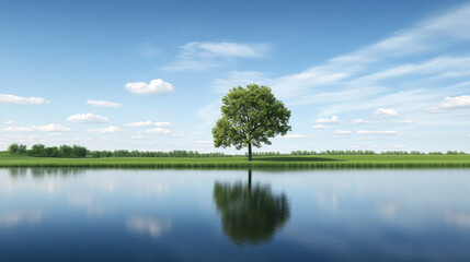 solitary tree reflects in calm lake under blue sky