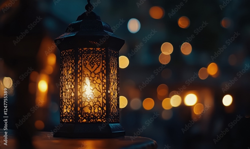 Poster illuminated lantern at night with bokeh lights.