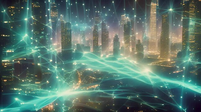 A vibrant graphic visualization overlaid with swirling digital data streams, glowing network symbols pulsating like stars