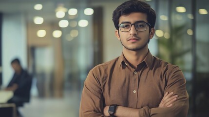 A young professional stands confidently with arms crossed in a sleek office environment, exuding determination. Background features subtle bokeh lights, enhancing the modern vibe