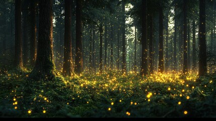 Obraz premium Firefly magic in lush forest at twilight, nature background