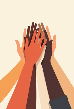 Multicultural hands together symbolizing teamwork and unity