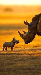 Fototapeta premium In a quiet clearing on the savanna, where a warm golden sunset bathed mother and baby rhinos in a soft glow, the savanna was now calm and serene. Realistic, warm, emotional