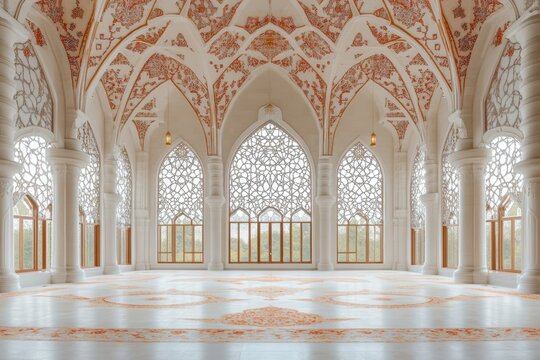 Ornate hall interior with arched windows and intricate ceiling details.