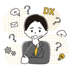 決めポーズ　DX化がよく分からない男性のイラスト
