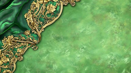 Green Fabric and Gold Ornate Floral Design Background