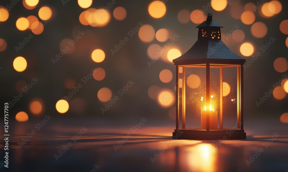 Poster Glowing candle lantern on dark background with bokeh lights.