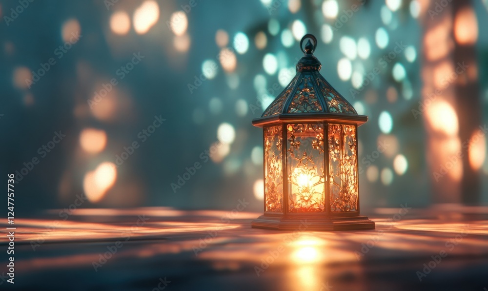 Aufkleber illuminated lantern on wooden surface with bokeh background.
