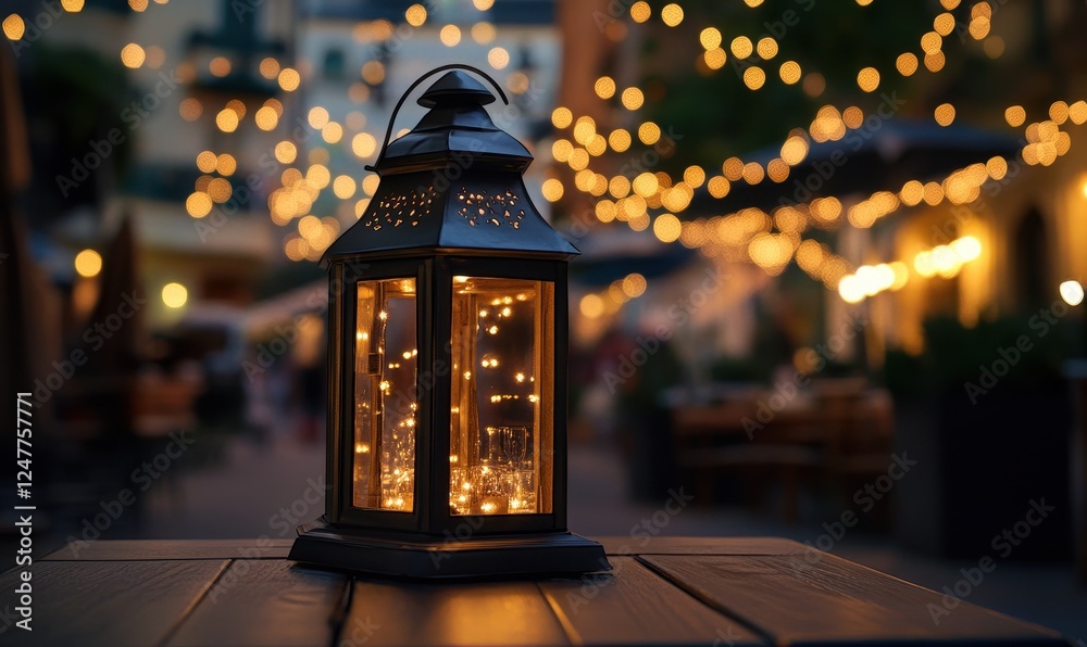Poster illuminated lantern on table at night.