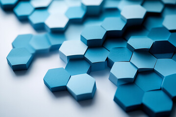 Overlapping paper hexagons in shades of blue, placed on a clean white surface with sharp shadows from a spotlight.