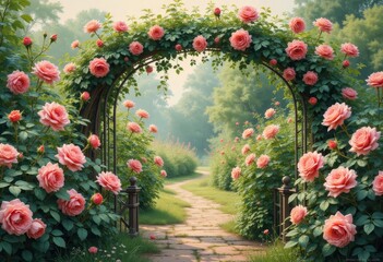 Fototapeta premium Romantic Rose-Covered Archway Leading to a Garden Path