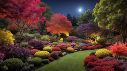 "Beautifully Illuminated Nighttime Garden with Trees, Shrubs, and Flowers, Highlighting Vibrant Foliage and Landscaping Design"