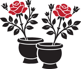 red roses tree in pot clip art silhouette, logo design vector art illustration