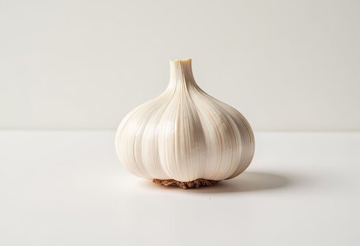 Single bulb of garlic on a white surface