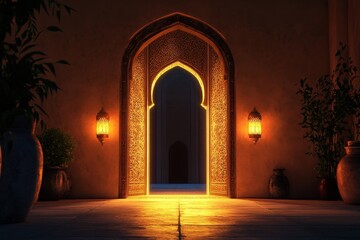 Fototapeta premium Illuminated arched doorway in a Moroccan-style building at night.