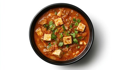 Delicious kimchi jjigae in a black bowl, garnished with tofu and cilantro.  Spicy, savory stew. Top view.
