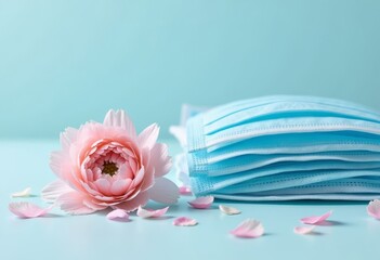 Stack of Surgical Masks with a Pink Flower on Light Blue