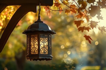 Illuminated lantern hanging on autumn leaves background.