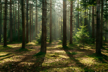 Obraz premium Tranquil Forest Scene with Sunlight Filtering Through Pine Trees Creating a Peaceful Atmosphere