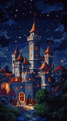 Nighttime Castle Scene Under Starlit Sky