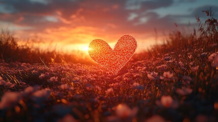 Fototapeta premium Realistic Heart Sculpture with Sunset Background in a Flower Field