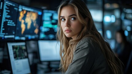 Focused woman programmer at night, monitoring global network data