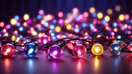 "Holiday Decorations and Festive Party Atmosphere with Colorful Christmas Lights on a Purple Background and Copy Space"