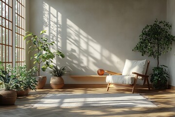 Inside the room, big TV on the wall, white walls, armchairs, vases, minimalism