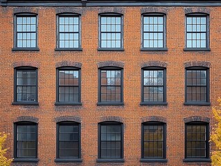 Fototapeta premium Brick building facade with many windows, autumn leaves in the foreground
