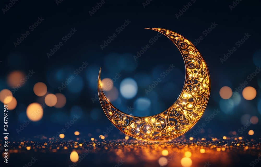 Poster golden crescent moon with intricate design on dark background.