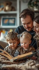 Obraz premium Happy Family Reading Book Together at Home Children Parents Story Time