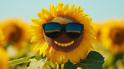 Happy sunflower wearing sunglasses in field. Summer greeting card