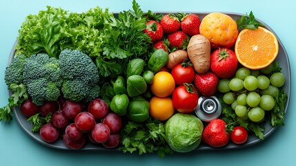 Diabetes-friendly meal plan of a diabetes emblem, stethoscope, and a plate of colorful, nutritious fruits and vegetables on a pastel blue background Ideal for diabetes diet ideas and healthy living