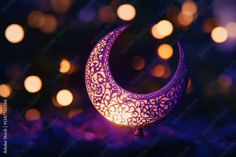 Poster Illuminated crescent moon with intricate design against bokeh lights.