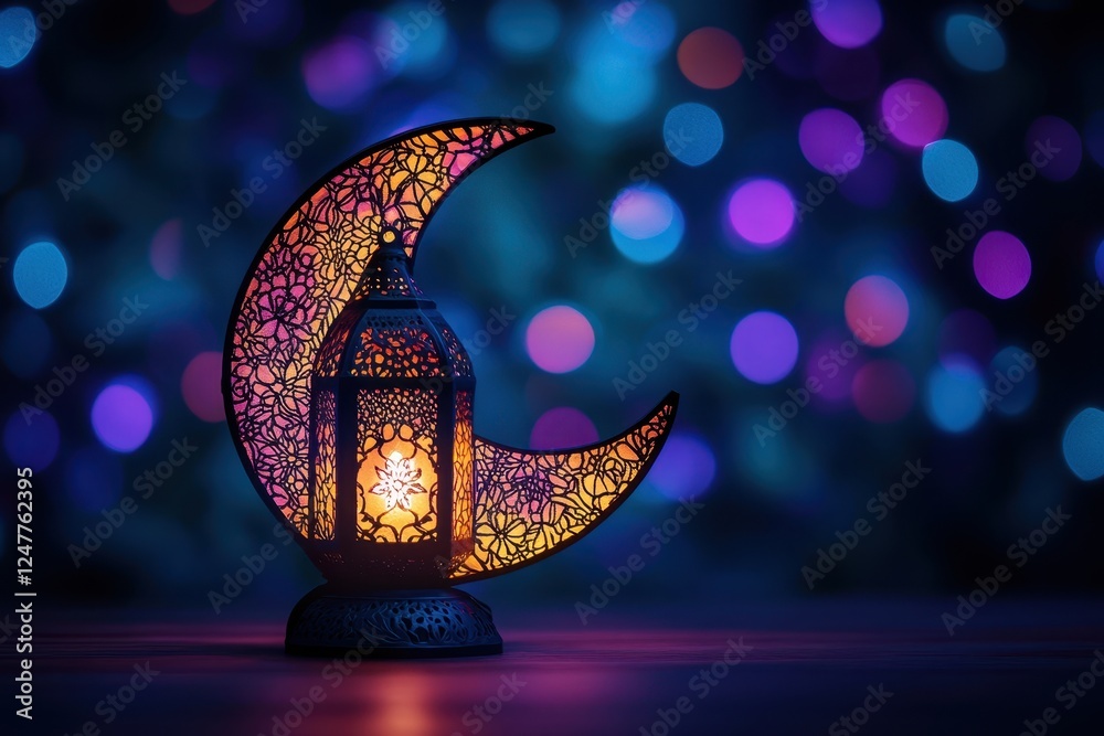 Poster illuminated lantern inside crescent moon, bokeh background.