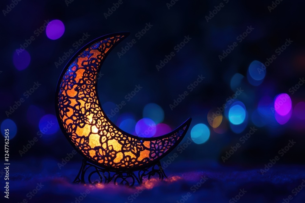 Poster illuminated crescent moon lantern on snowy surface with bokeh background.